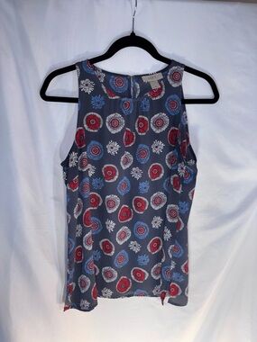 LOFT Blue Sleeveless Floral Medallion Camisole with Red Accents